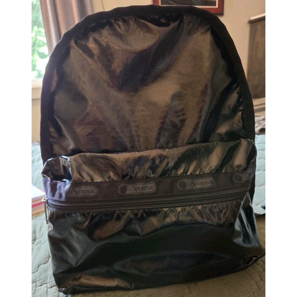 LeSportsac Black Patent Nylon Essential Backpack Large Travel School Laptop Bag